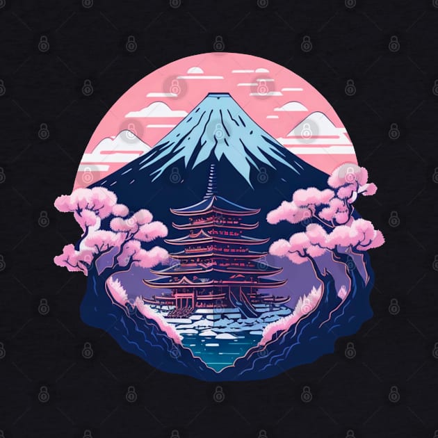 Symmetrical Japanese Pagoda, Mountain and Flowers by Lady Lilac